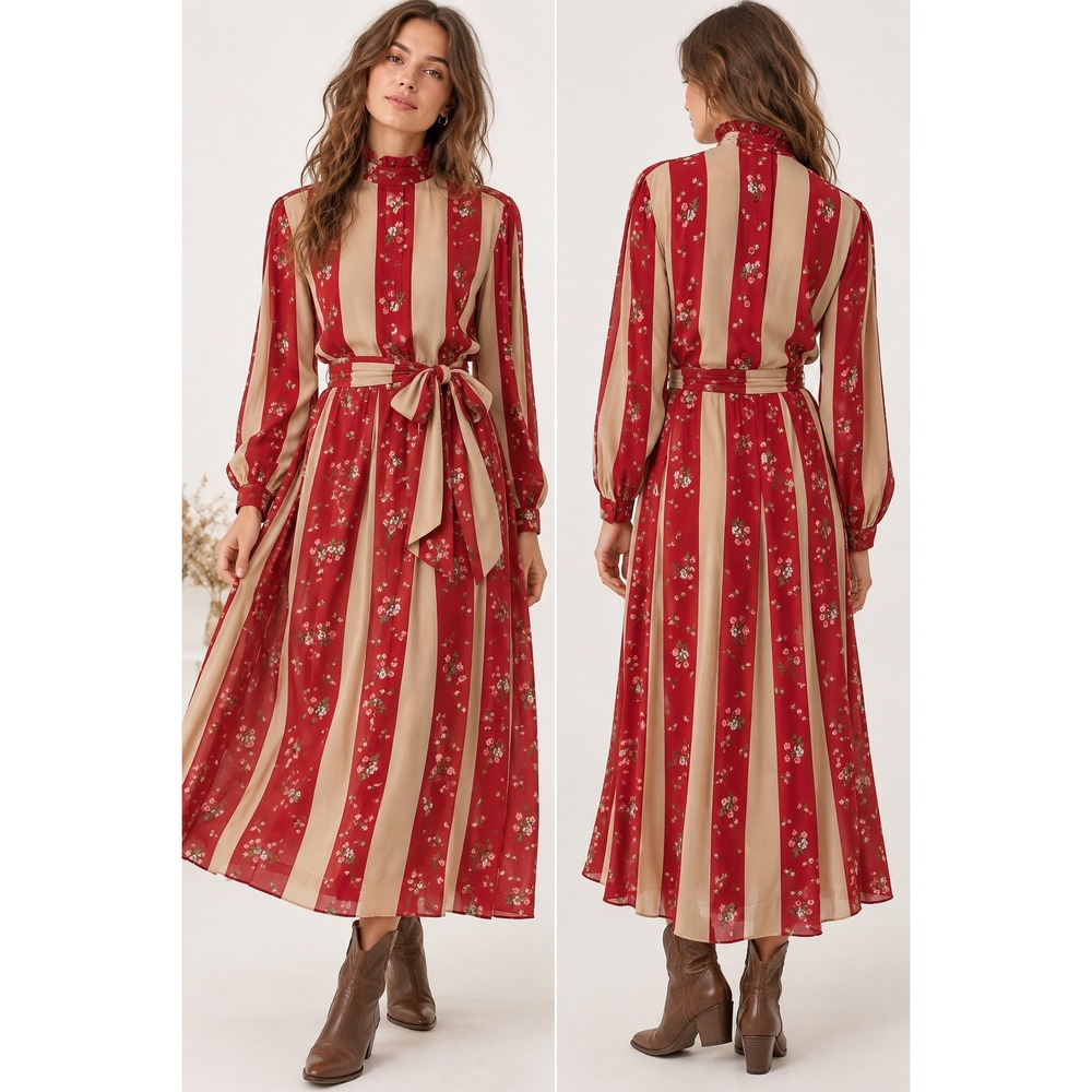 VTG 70s Red Floral Stripe Prairie Dress 10 Ruffle Neck Cottage Boho Maxi Retro